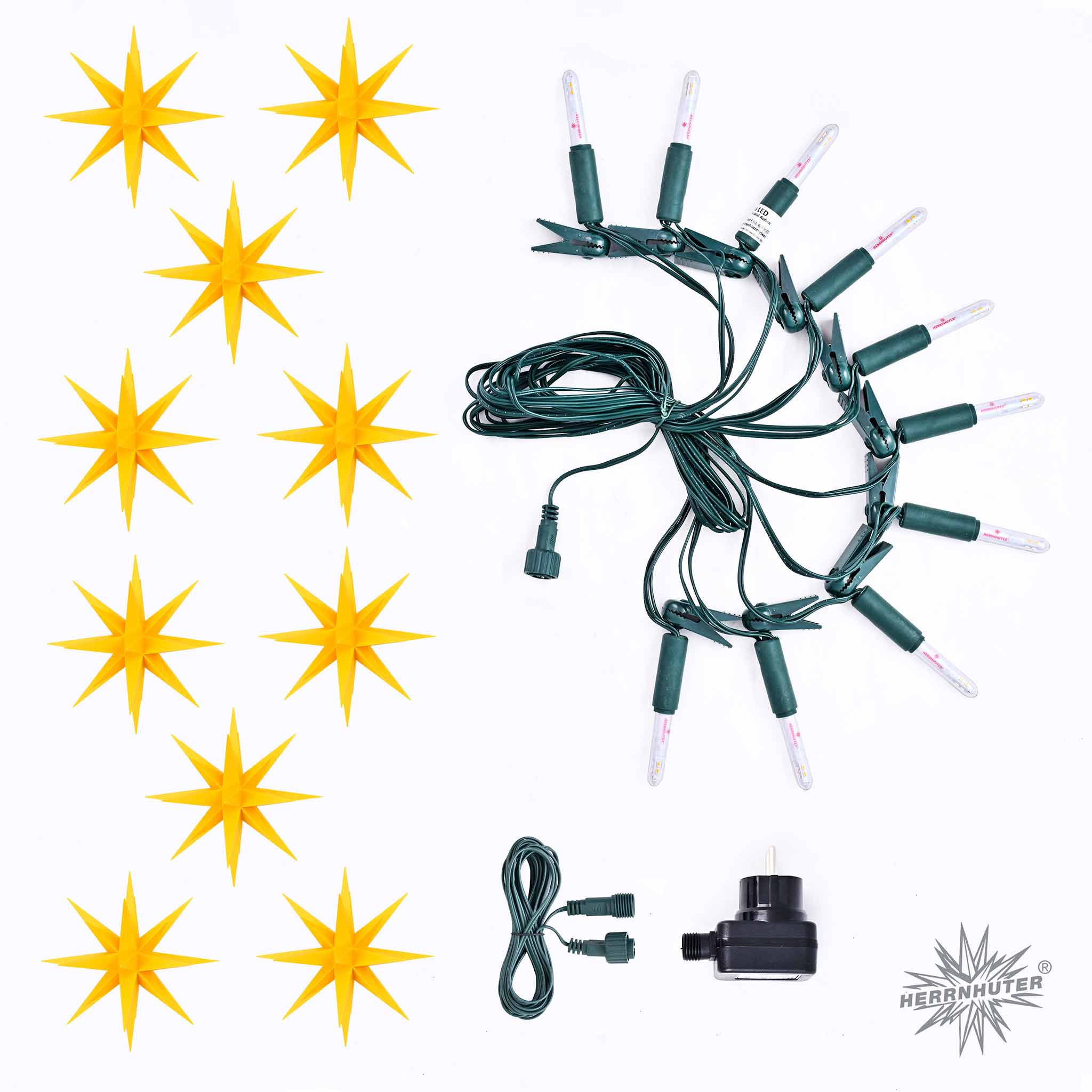 Original Herrnhuter Lichterkette A1s mit 10 Sternen Ø 13 cm – für innen & außen