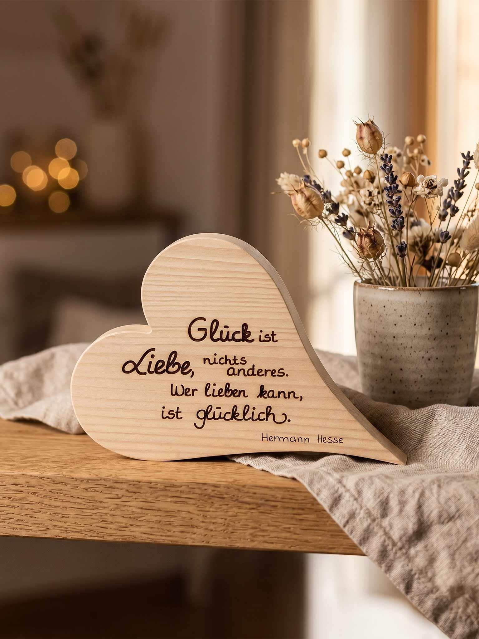 Holzherz mit Zitat „Glück ist Liebe, nichts anderes. Wer lieben kann, ist glücklich.“